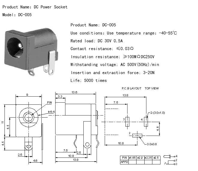 5PCS DC-005 DC Power Socket 5.5x2.1mm Power Holder Connector