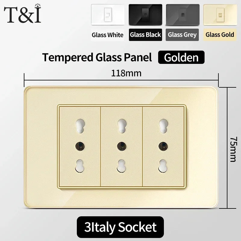 118-Style EU/CL Dual Socket with USB-C PD 20W Tempered Glass Italy & Chile Outlet for Home Office
