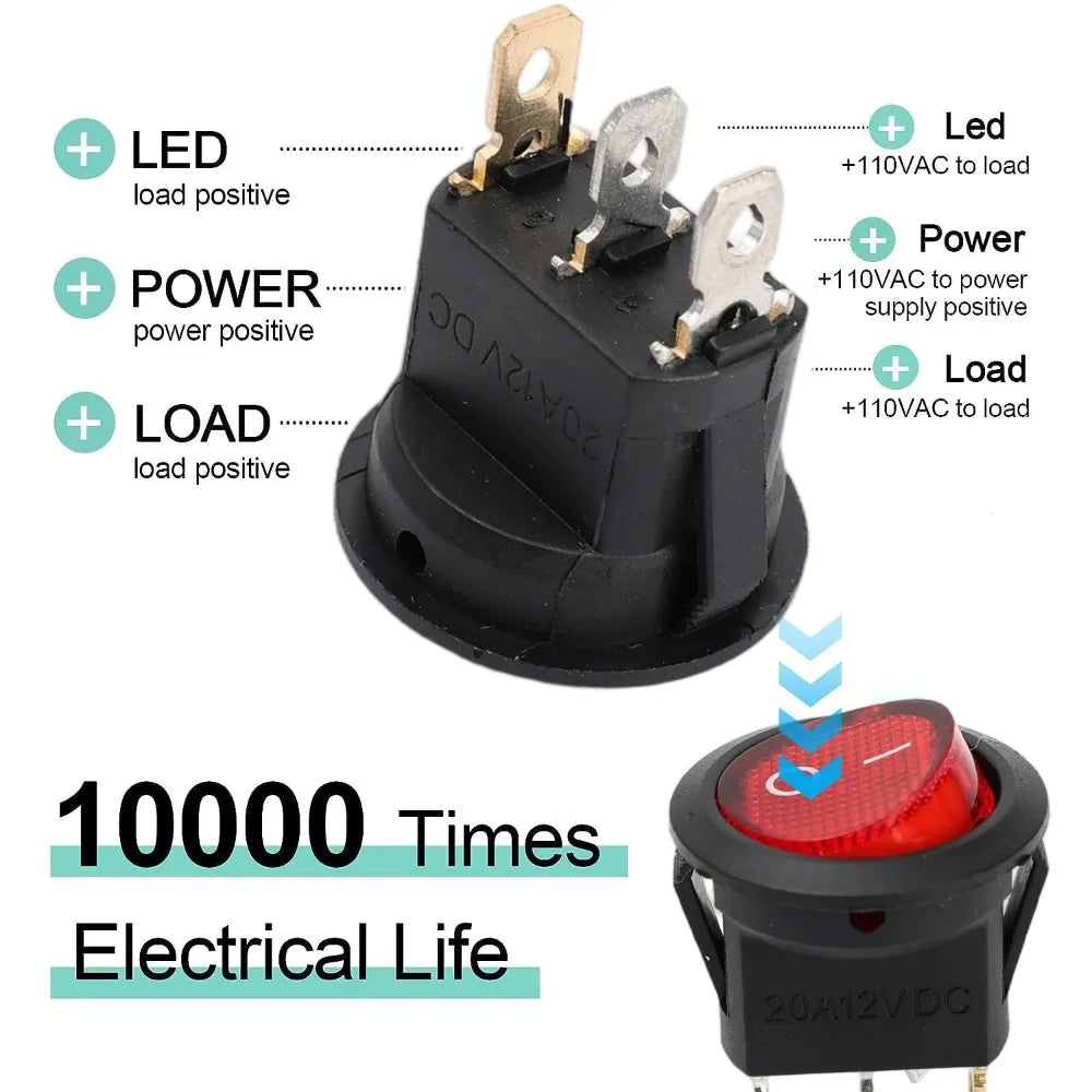 3 Pin Round Rocker Switch LED Light 12V on Off SPST Toggle Button Control for Car Auto Motorcycle Boat Modification Red Blue