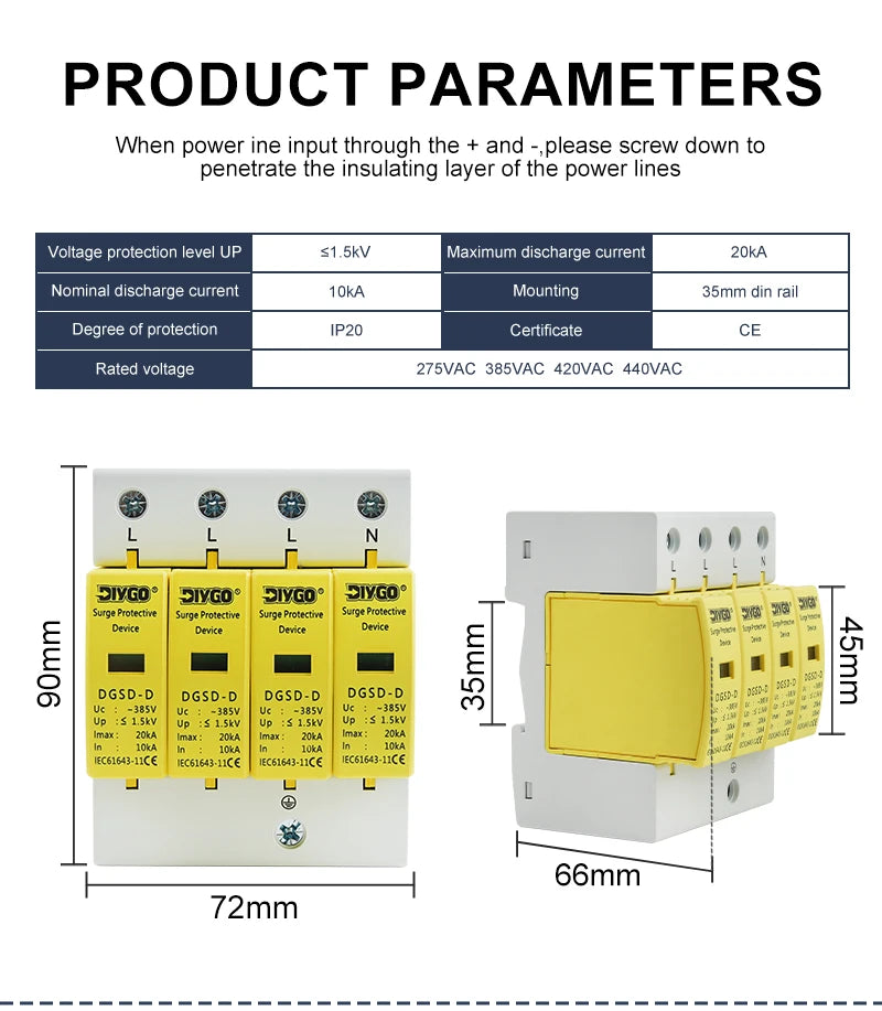 AC SPD 4P House Lightning Surge Protector 10-20KA 20-40KA 30-60KA 385V Solar PV Low-Voltage Arrester 3P+N