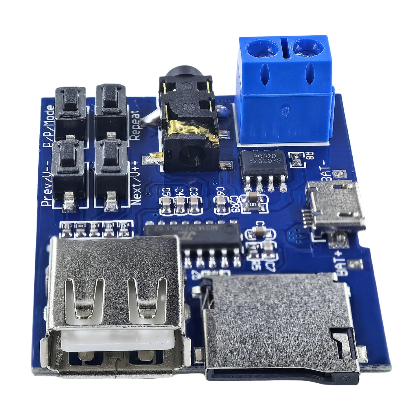 TF Card and USB MP3 Decoder Player Module with Amplifier, 3.7-5.5V Power, Micro USB/Type-C Input