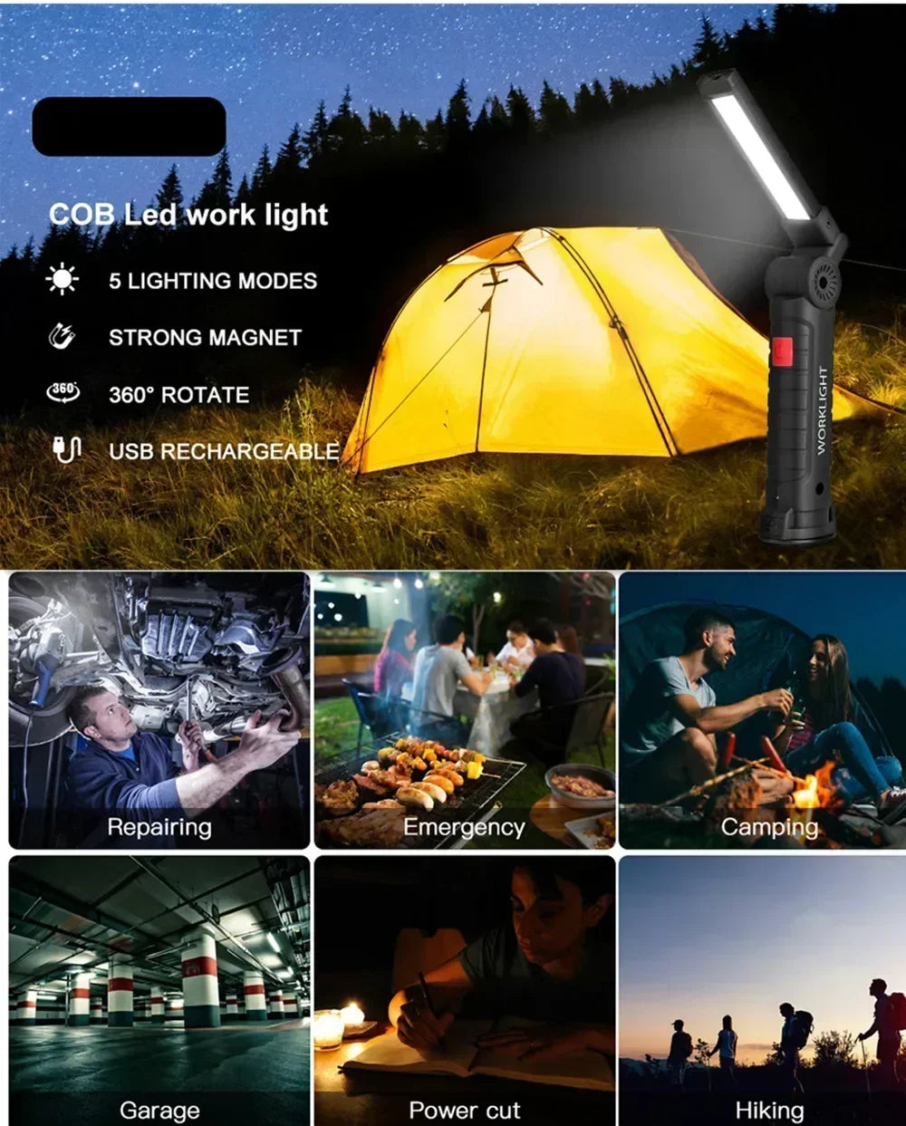 Folding COB XPE LED Work Light Flashlight USB Rechargeable Torch Magnetic Base & Hook, Emergency Car Inspection Lamp Red SOS