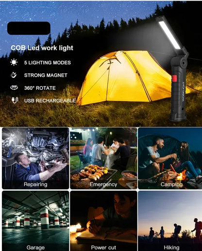 Folding COB XPE LED Work Light Flashlight USB Rechargeable Torch Magnetic Base & Hook, Emergency Car Inspection Lamp Red SOS