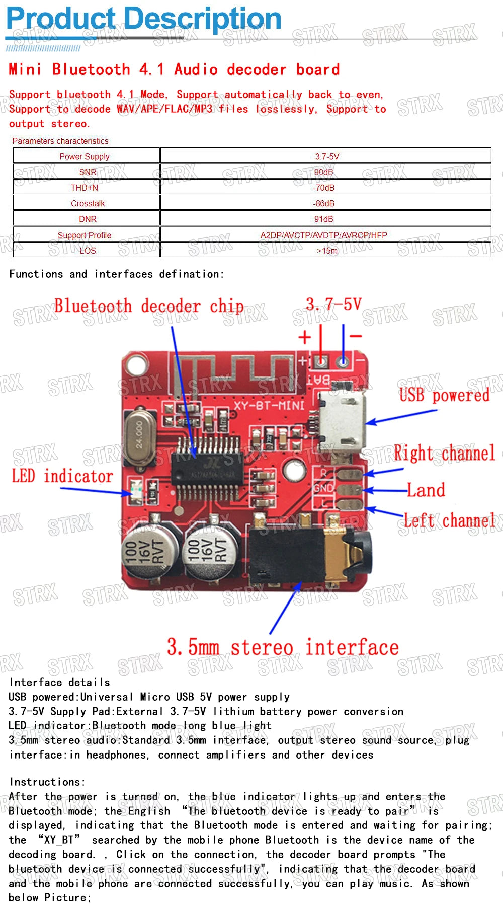 MP3 Bluetooth 4.1 Decoder Audio Amplifier Board Lossless Stereo Receiver 5V