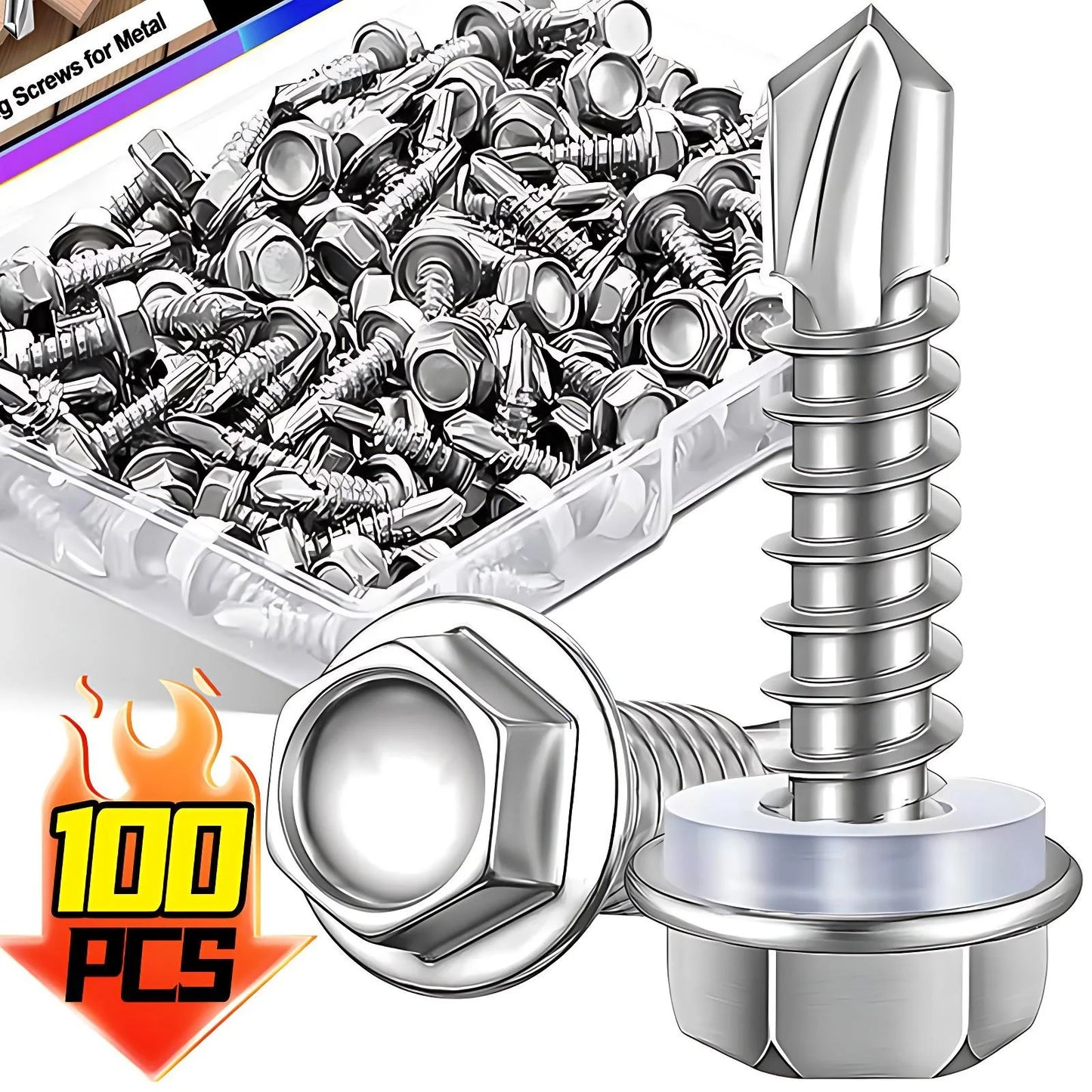 Stainless Steel Self-Tapping Hex Head Drill Tail Screws with Washers — Metal Roofing &amp; Sheet Metal Fasteners Assortment Kit 20/100pcs