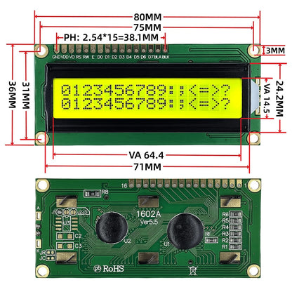 LCD1602 16x2 Character I2C LCD Display Module with PCF8574 Interface 5V Blue Yellow Green Screen for Arduino Projects
