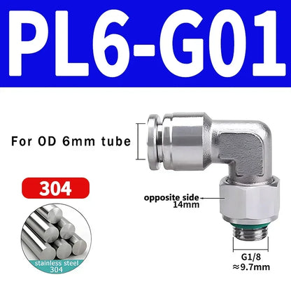 PL-G 304 Stainless Steel Pneumatic Elbow Fitting 1/8 1/4 3/8 1/2 External G Thread Quick Coupling Joint