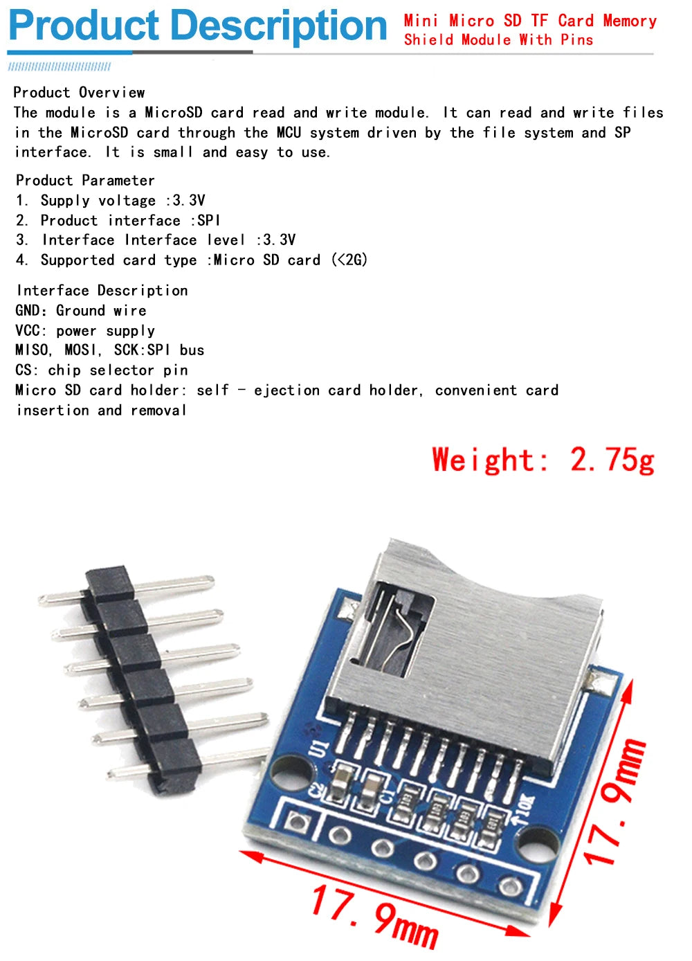 Micro SD TF Card Storage Expansion Module Shield with Pins for Arduino D1 Mini ARM AVR