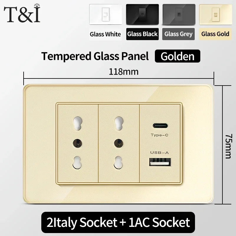 118-Style EU/CL Dual Socket with USB-C PD 20W Tempered Glass Italy & Chile Outlet for Home Office