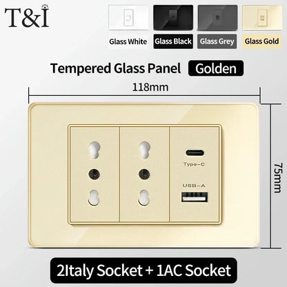 118-Style EU/CL Dual Socket with USB-C PD 20W Tempered Glass Italy & Chile Outlet for Home Office
