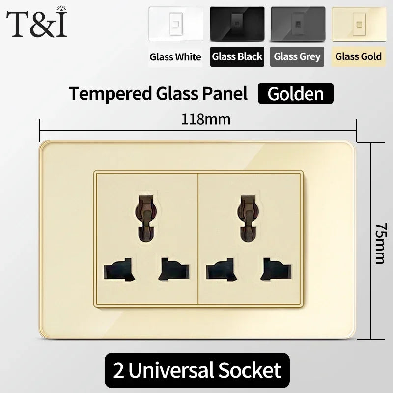 118-Style EU/CL Dual Socket with USB-C PD 20W Tempered Glass Italy & Chile Outlet for Home Office