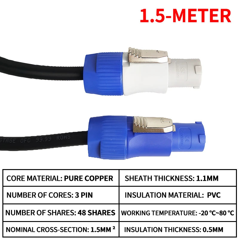 Weatherproof 3 Pin Power Cable 3x1.5mm² for Stage Audio Lighting Equipment Beam Projectors LED Displays