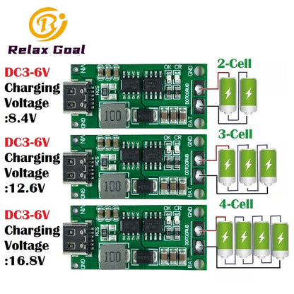 Multi-Cell 2S-4S Type-C Boost Charger Step-Up Module for 7.4V-16.8V LiPo and Li-Ion 18650 Batteries