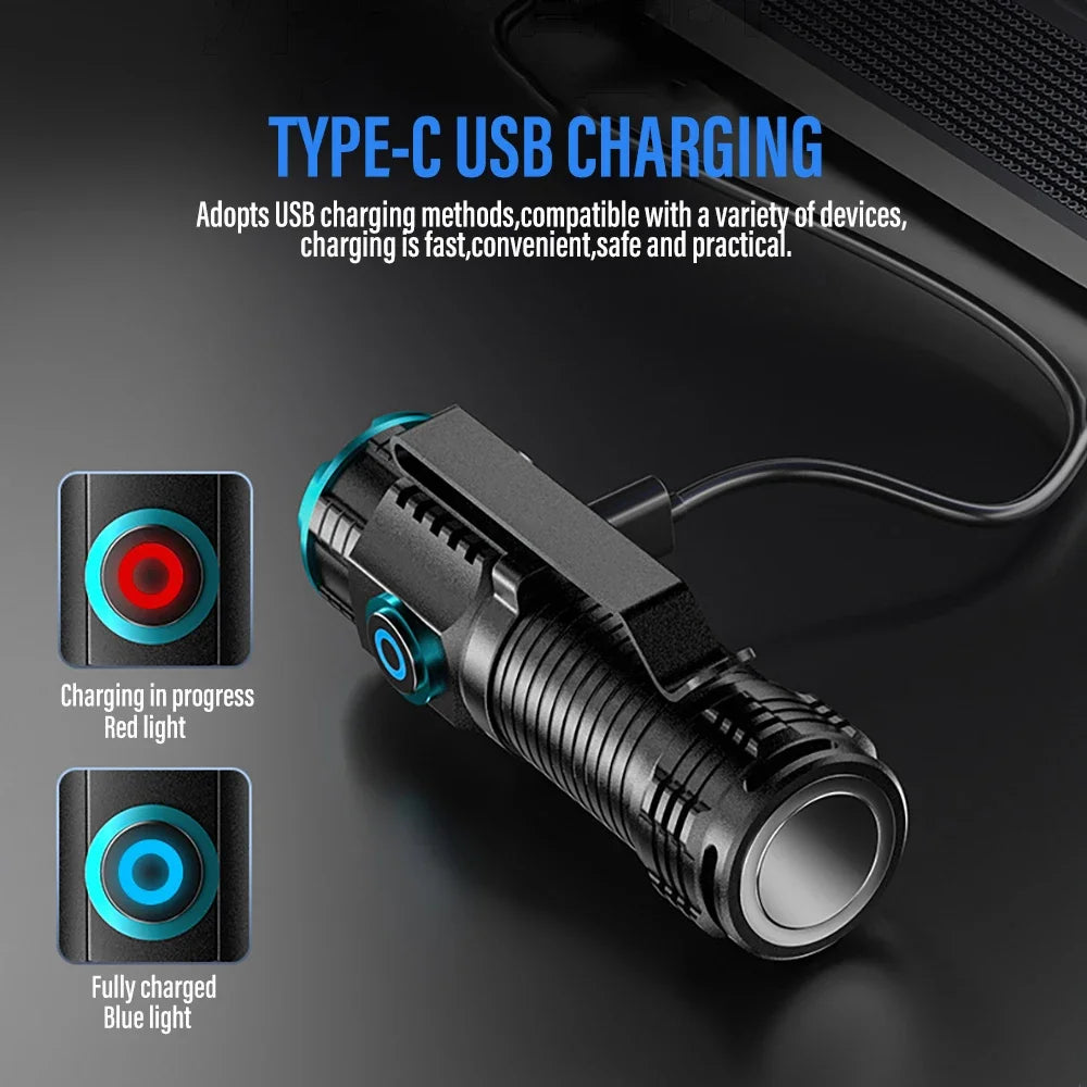Ultra Bright Mini P50 LED Flashlight USB C Rechargeable Hat Clip Torch