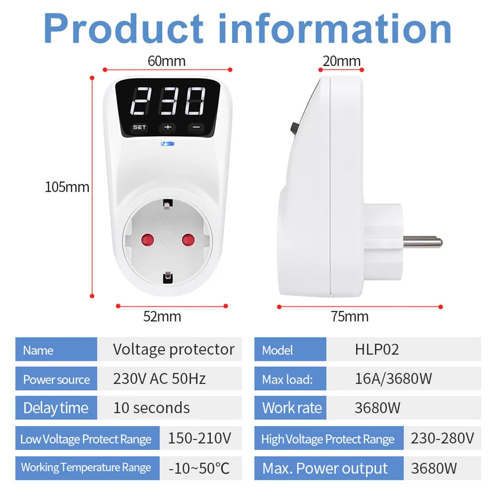 Adjustable Voltage Protector Socket AC120V/230V 16A Surge Protection with Delay | DE UK US Plug