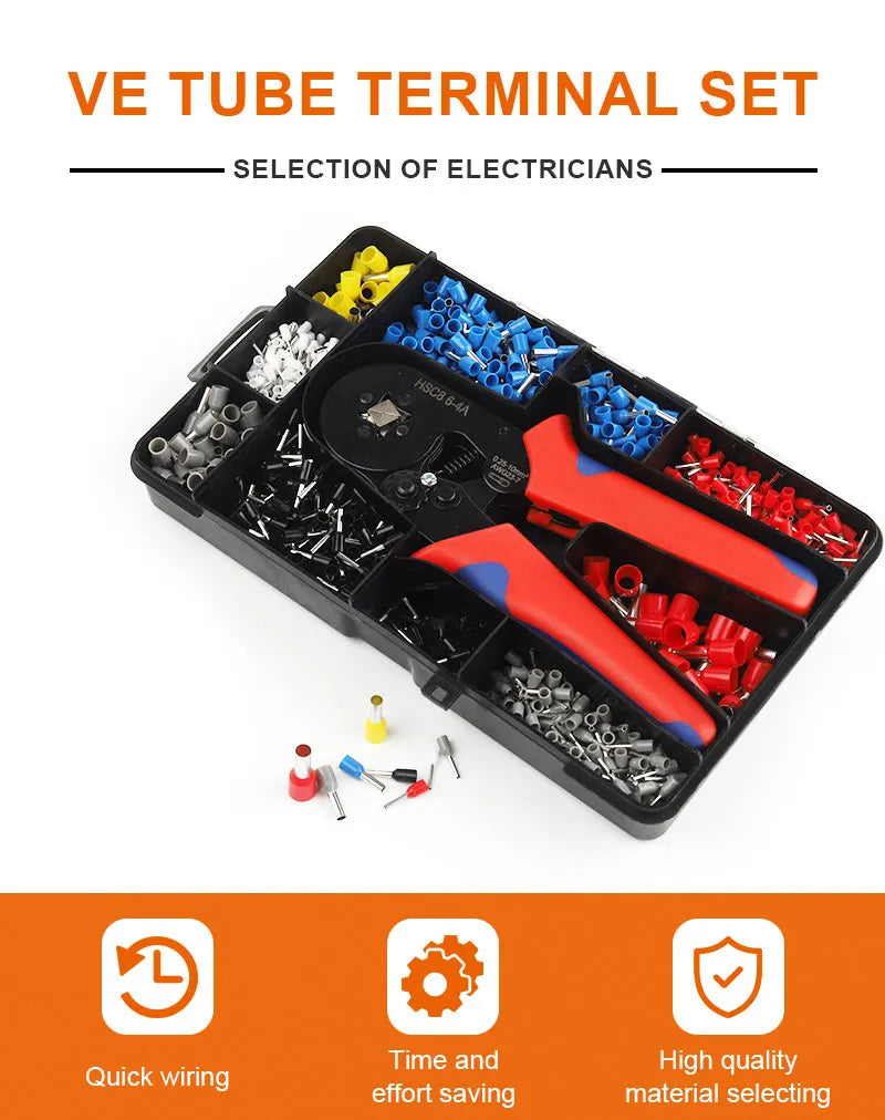1200PCS Self Adjustable VE Tube Terminal Kits Tool Plier Set Cord End Bootlace Ferrules Wire Cable Crimper 6-4A/6-6A