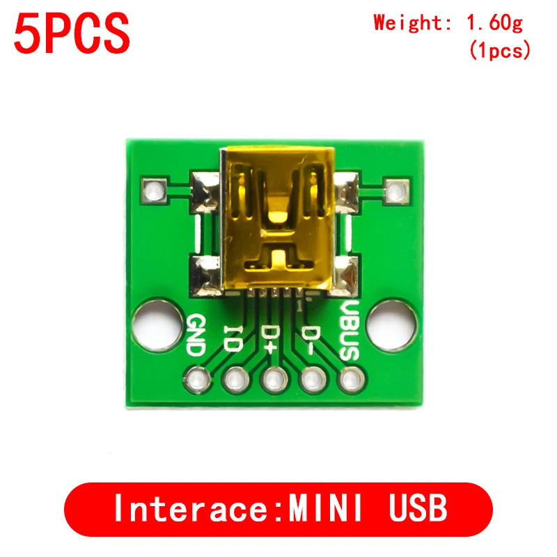 USB Male to DIP Adapter — Mini-B / Micro-B / Type-C / USB-A 2.0 / 3.0, PCB Breakout (2-Pack)