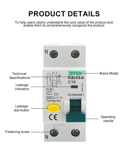 RCBO Electro-Magnetic Type Residual Current Circuit Breaker 2P 1P+N, Overcurrent and Leakage Protection 50/60Hz