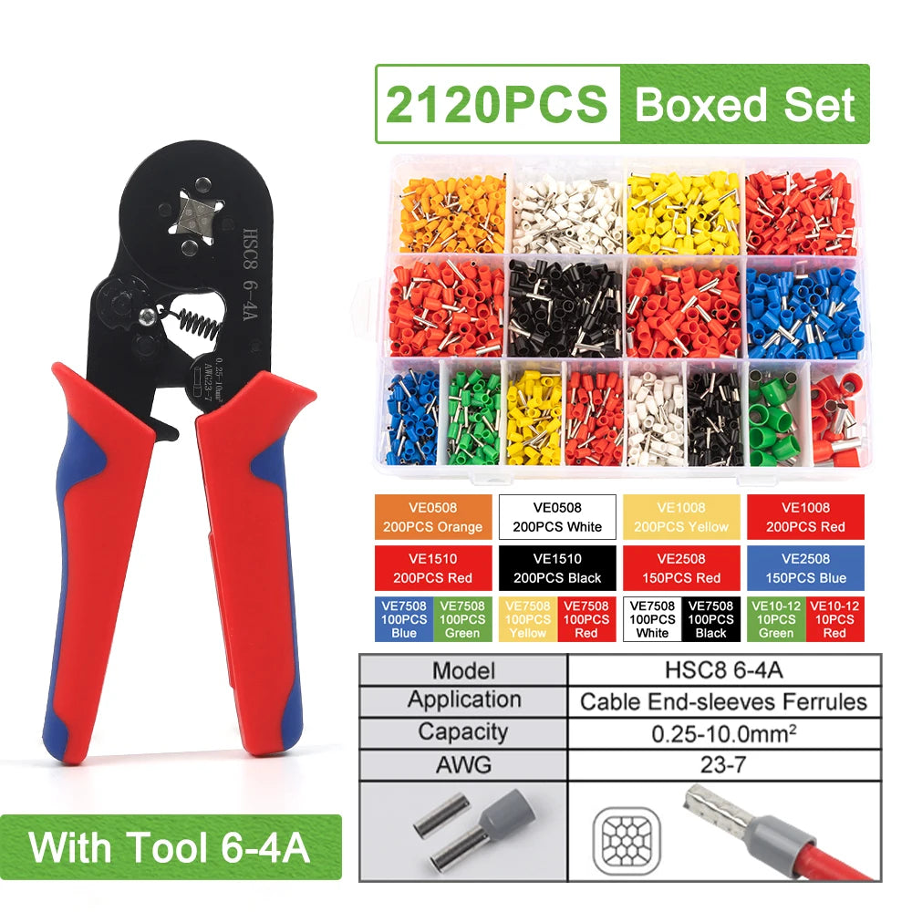 Crimping Sleeve Terminal Wire Connector Electrical Kit with Mini Crimping Plier Boxed VE Insulated Terminals