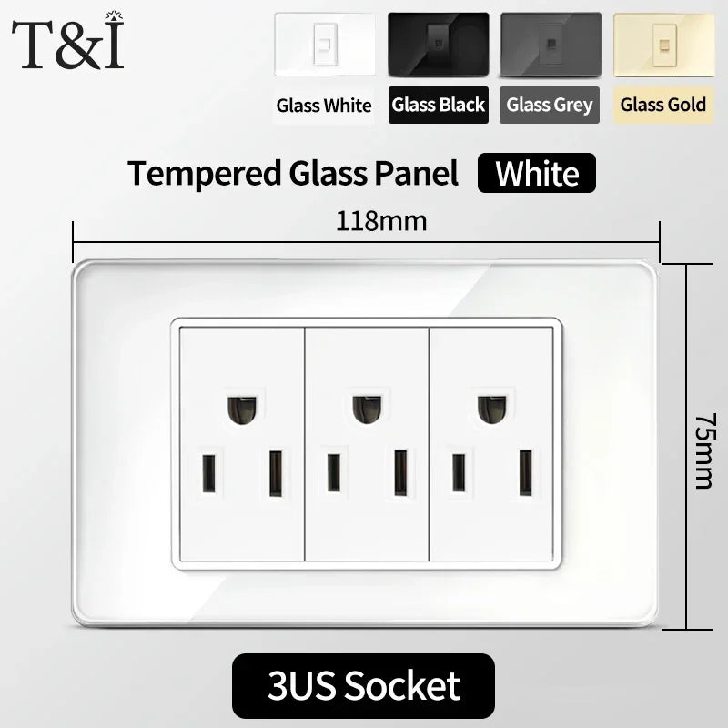 118x75mm Tempered Glass US Thai Socket Dual USB-C Ports 2 AC Outlets 110V Scratch-Resistant Panel