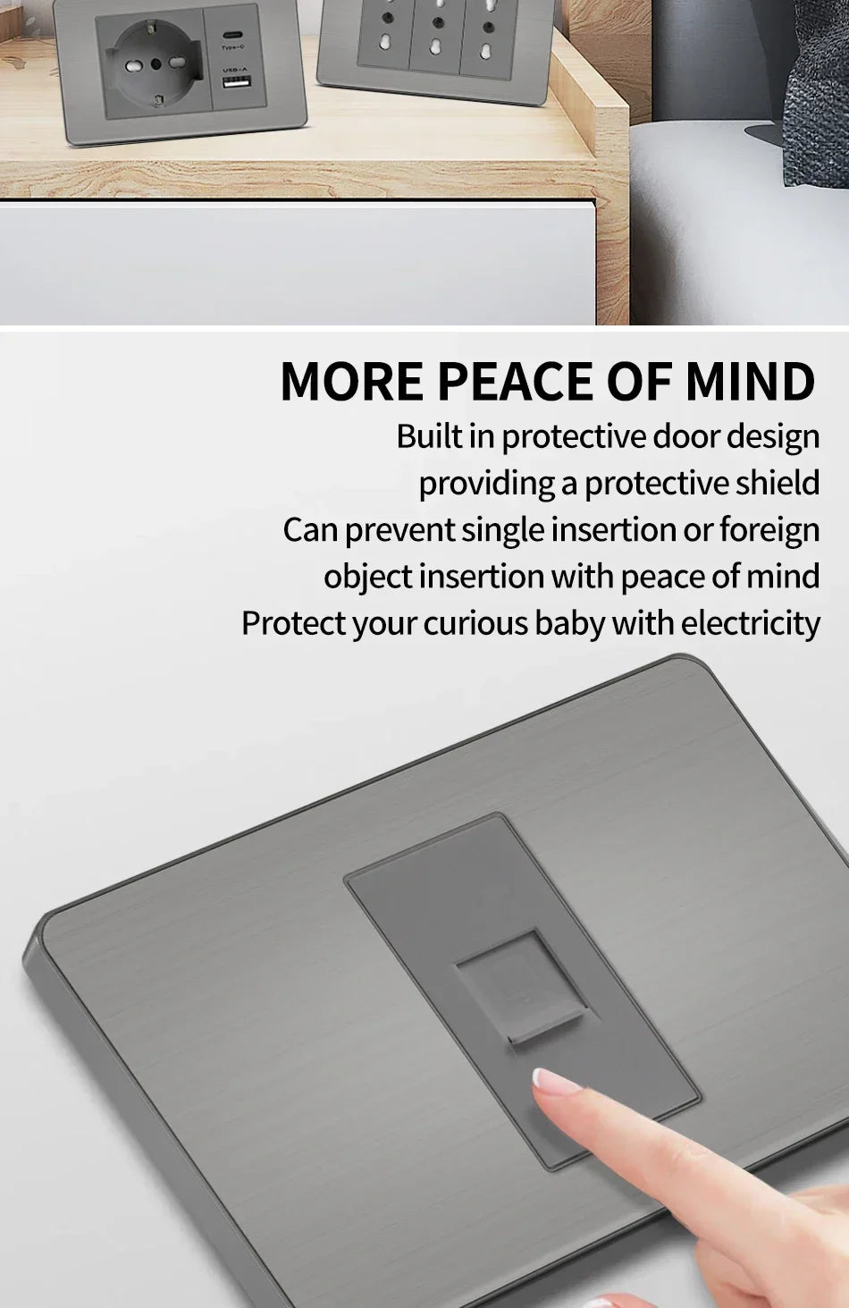 Stainless Steel Wall Socket 118x75mm Italian-Style with USB-C Schuko Chilean Plug Brushed Finish for Home Office