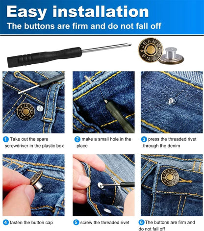 Jeans Buttons Replacement Kit — 17mm No-Sew Nailless Removable Metal Button Repair Set 10pcs