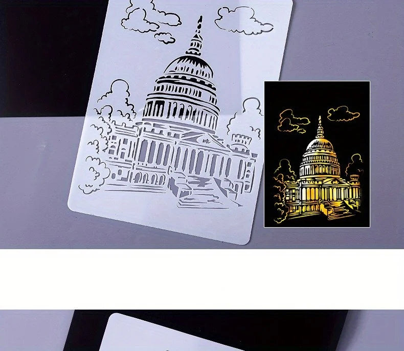 A4 DIY Painting Wall Stencil Airbrush   Drawing Copy Templates London Bridge Big Ben castle Burj Al Arab Five Towers White House