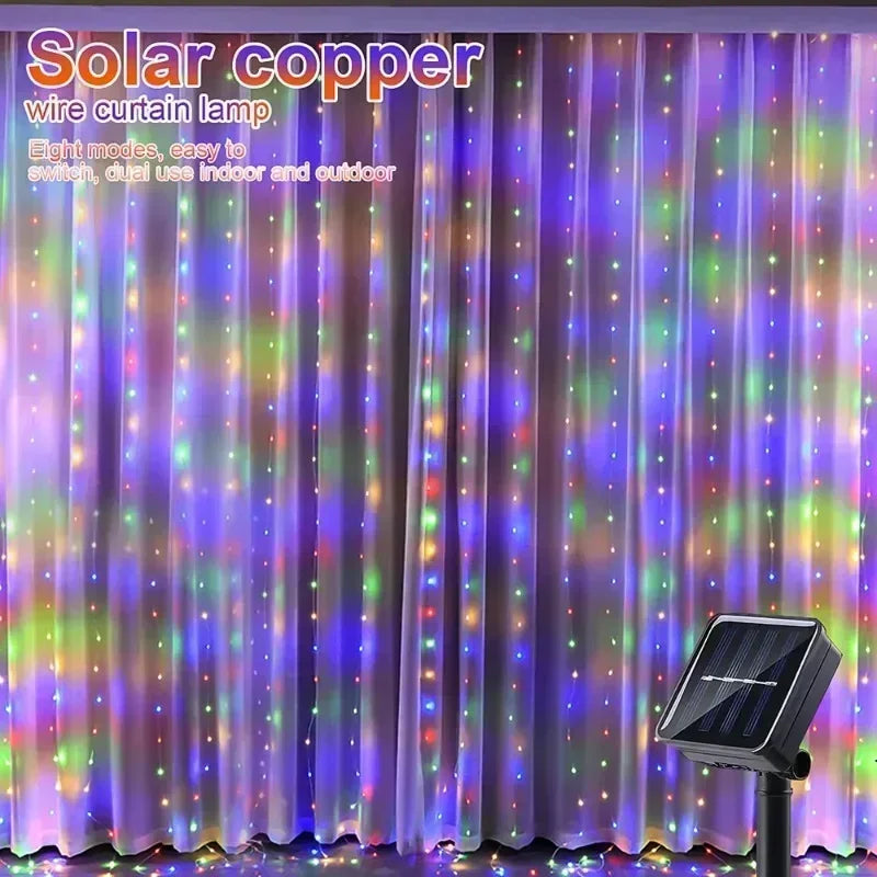 3M Solar LED Curtain String Lights with 8 Modes for Garden Christmas Wedding Party Fairy Decoration