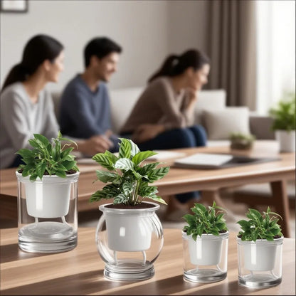 Self Watering Flower Pot Lightweight Transparent Round Resin Planter for Household Bedroom Plants Water Saving Lazy Garden Decor