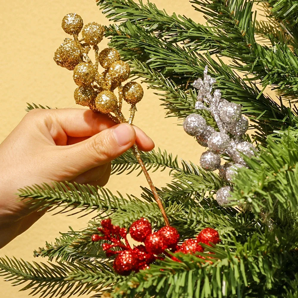 Christmas Artificial Berries Branch Glitter Red Holly Berry Flowers Bouquet Fake Plants New Year Party Festival Home Decoration