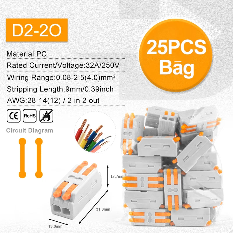 Quick Electrical Lever Wire Connectors, 2 Port Cable Spring Splice, Universal Compact Clamp Mini Wiring Terminal Connector
