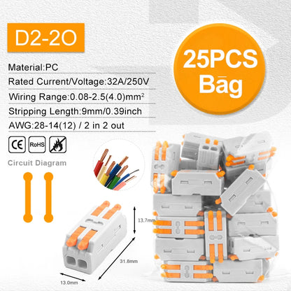 Quick Electrical Lever Wire Connectors, 2 Port Cable Spring Splice, Universal Compact Clamp Mini Wiring Terminal Connector