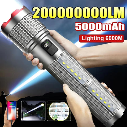 Rechargeable LED Flashlight Powerful Torch with Side Light Power Bank Zoom Emergency Lamp Outdoor Strong Light Camping Lantern
