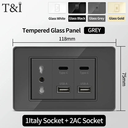 T&I Wall Switch Socket with USB-C Fast Charging Italy & Chile Schuko Outlet Tempered Glass Panel