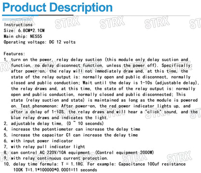 DC 5V/12V Time Delay Relay Module NE555 Timer Control Switch for Car and Electronics