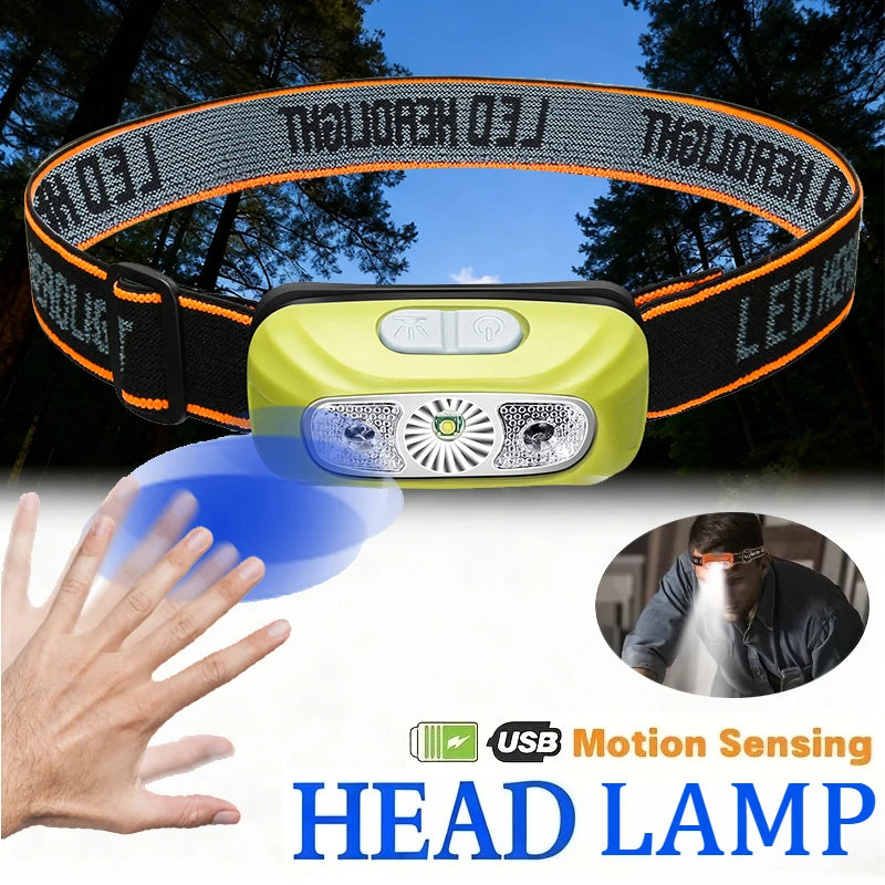 USB Rechargeable Sensor Headlamp LED Head Torch Built-in Battery Head Flashlight for Outdoor Camping Fishing Headlight Lantern