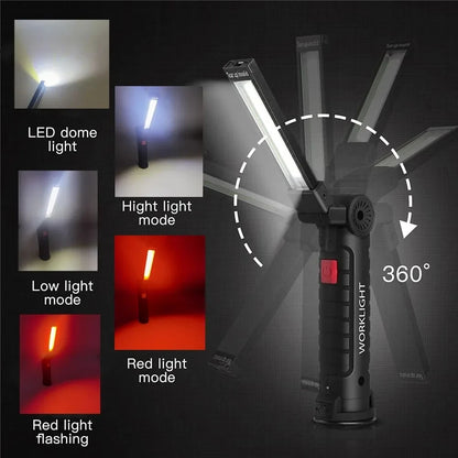 Folding COB XPE LED Work Light Flashlight USB Rechargeable Torch Magnetic Base & Hook, Emergency Car Inspection Lamp Red SOS