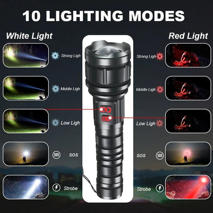 Powerful 9000LM Led Flashlight USB Rechargeable Zoom Tactical Torch Ultra Bright Outdoor Camping Fishing Hunting Emergency Lamp