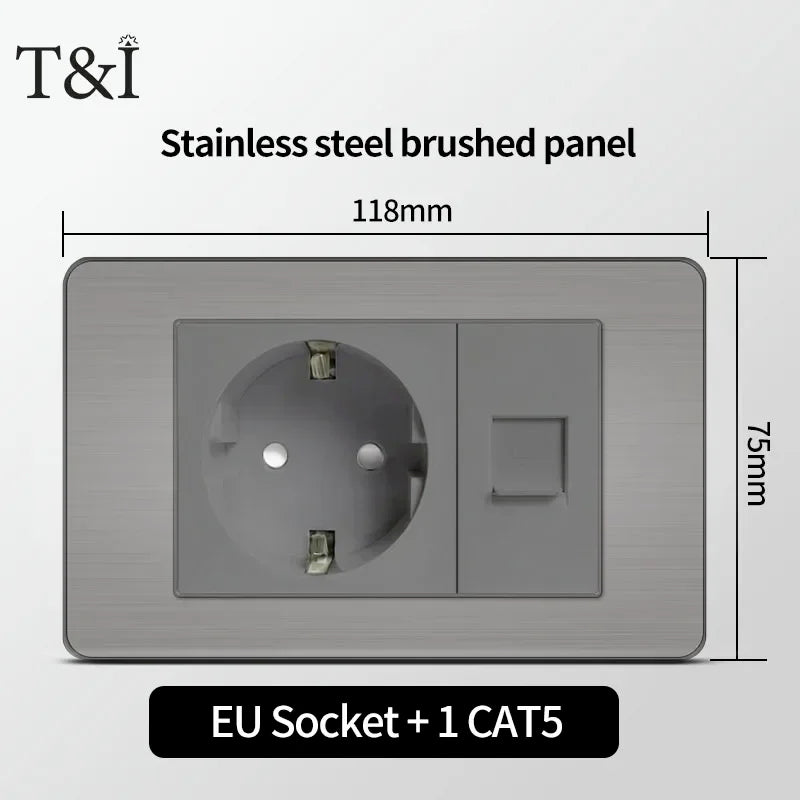 Stainless Steel Wall Socket 118x75mm Italian-Style with USB-C Schuko Chilean Plug Brushed Finish for Home Office