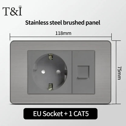 Stainless Steel Wall Socket 118x75mm Italian-Style with USB-C Schuko Chilean Plug Brushed Finish for Home Office