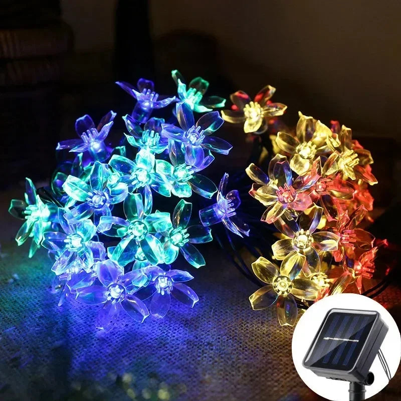 Solar Sakura Fairy String Lights, 5/7/12/22M Peach Blossom Cherry LED Lamp for Wedding, Party, Garden, Christmas Outdoor Decor