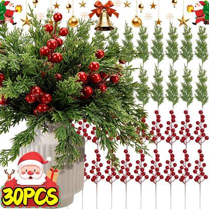 30/1PCS Christmas Decoration Artificial Pine Branches with Holly Berries, Red Berry Branches for Christmas Tree, Wreath, Gift Decoration