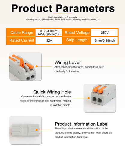 10PCS Mini Fast Wiring Cable Connectors Universal Compact Splitter Electrical Conductors Push-in Home Terminal Block