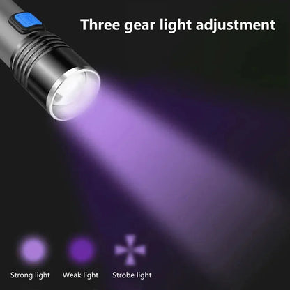 Mini Portable 365nm UV Flashlight Zoomable Ultraviolet Torch USB Rechargable For Pet Bacterium Detection Waterproof Black Light