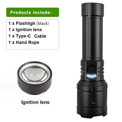 Super Bright Flashlight with Flame Ignition Type-C Rechargeable Outdoor Zoomable Aluminum Alloy Floodlight Camping Adventure