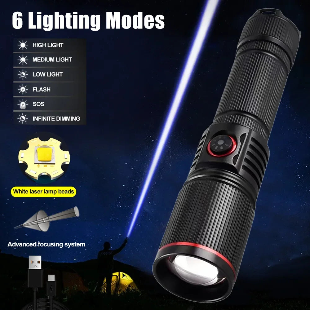 LED High Power Strong Light Long-range Tactical Flashlight Type-C Charging Waterproof Outdoor Emergency Lighting Spotlight