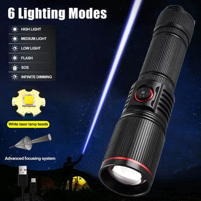LED High Power Strong Light Long-range Tactical Flashlight Type-C Charging Waterproof Outdoor Emergency Lighting Spotlight