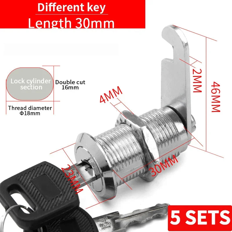 Cabinet Cam Lock Set Two-Sided Keyed Alike 16MM-30MM Cylinder Cam Locks for Mailbox File Drawer Compartment