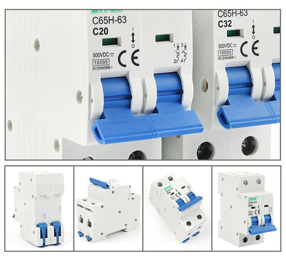 2P DC MCB 6KA 500V Solar Mini Circuit Breaker, 6A–63A for PV System, Battery Main Switch