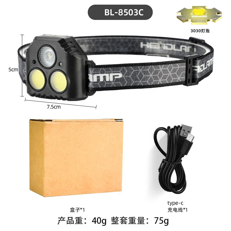 LED COB Headlamp USB Rechargeable Head Lamp Motion Sensor Waterproof Lantern for Outdoor Camping Fishing Running Emergency Light